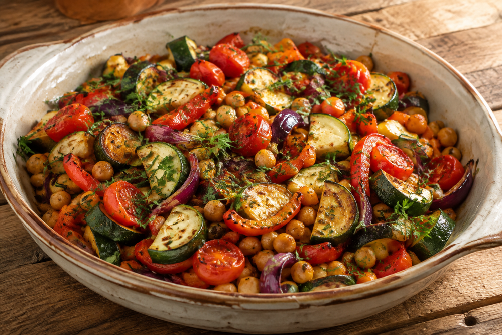 Légumes méditerranéens et pois chiches rôtis à l’huile d’olive